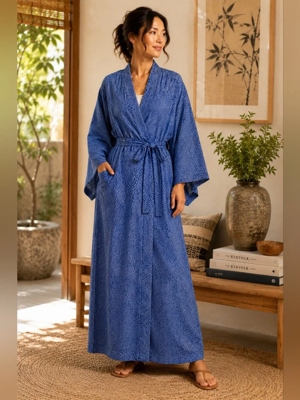 Yayashi Kimono Blue Japanese Cotton Robe Geometric Print Made in Japan
